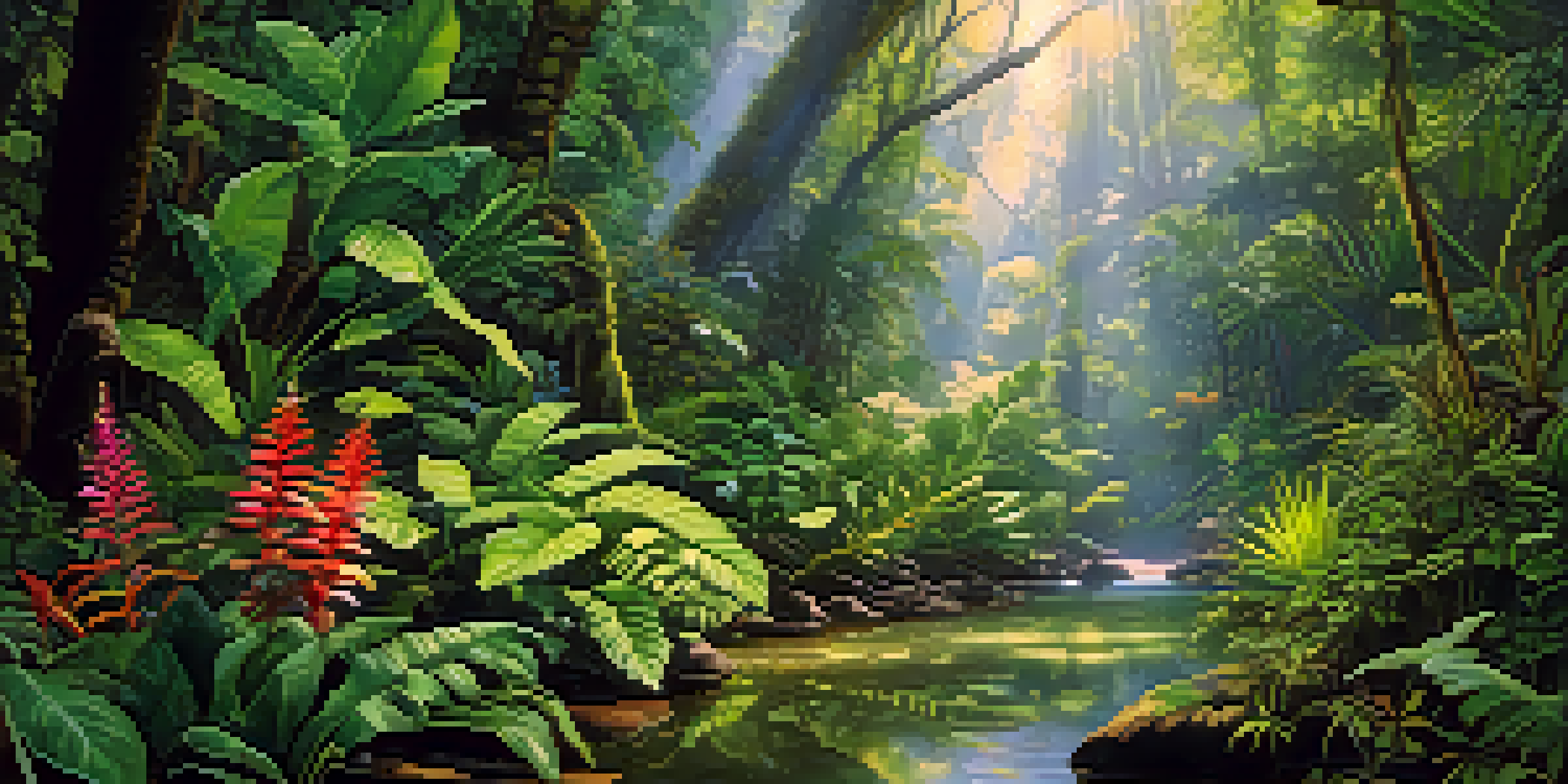 A vibrant tropical rainforest with diverse plants, sunlight filtering through the trees, and a small stream.