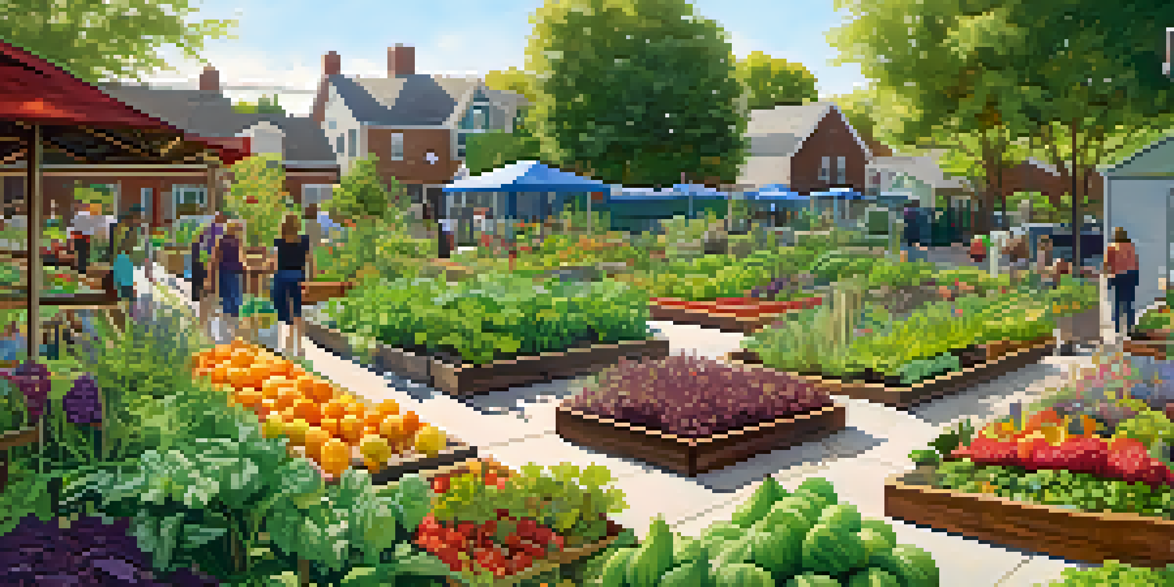 A colorful community garden filled with edible plants, with people tending to the garden in a sunny urban setting.
