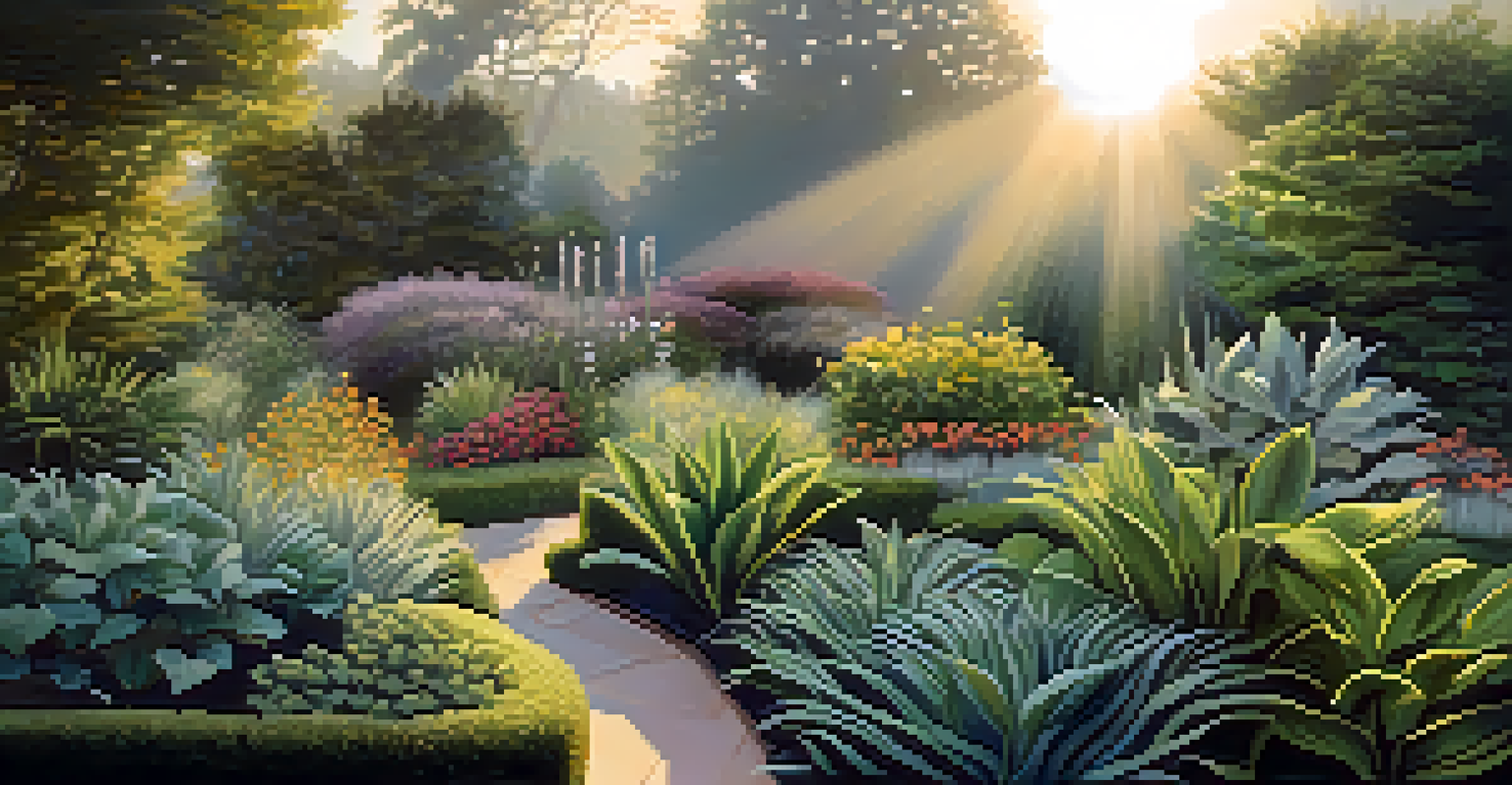A serene garden at dawn with healthy plants and soft sunlight, creating a peaceful atmosphere.