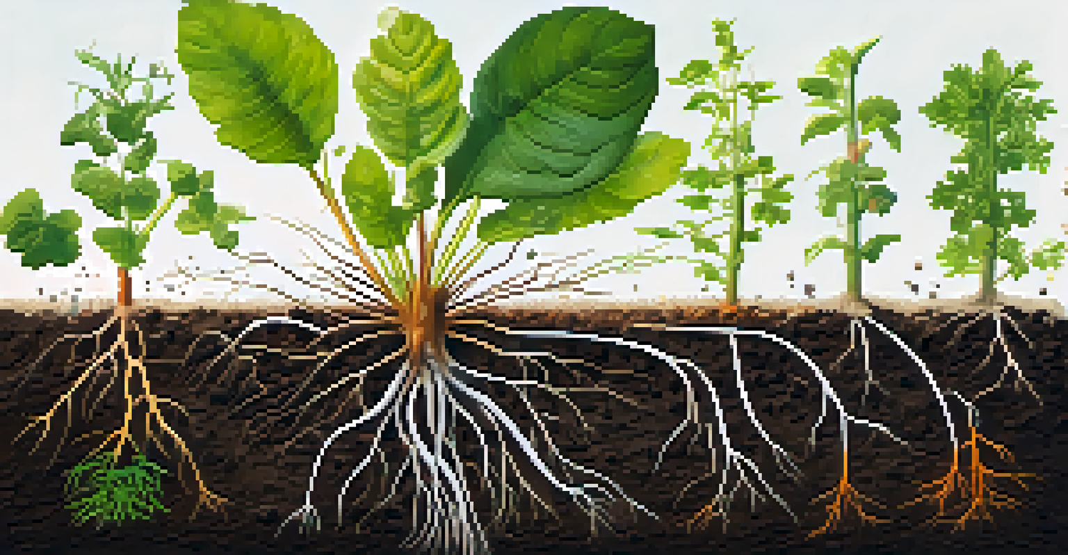 An illustration of a plant interacting with soil, showing root exudates flow and nutrient absorption, with vibrant colors and textures.