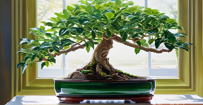 A close-up of a Ficus bonsai tree with shiny green leaves and intricate branches in a softly lit indoor environment.