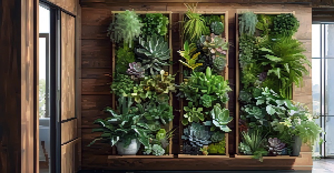 A vertical garden with diverse plants on a wooden wall, illuminated by soft natural light.