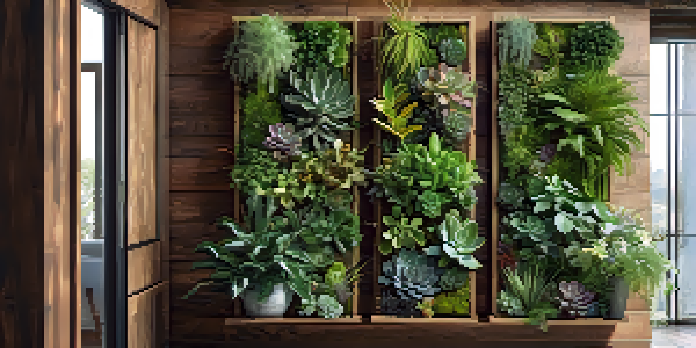 A vertical garden with diverse plants on a wooden wall, illuminated by soft natural light.