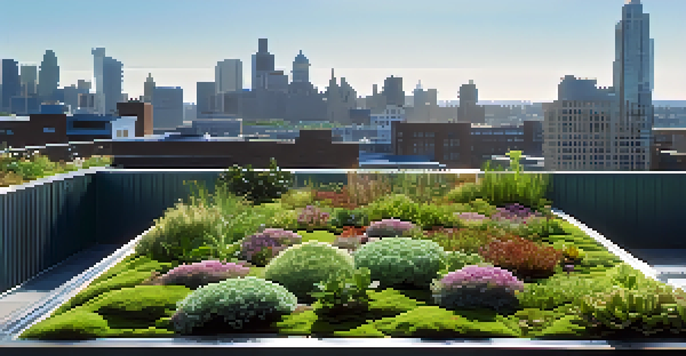 A lush green roof garden on a contemporary building, showcasing various plants under bright sunlight with a city skyline in the background.