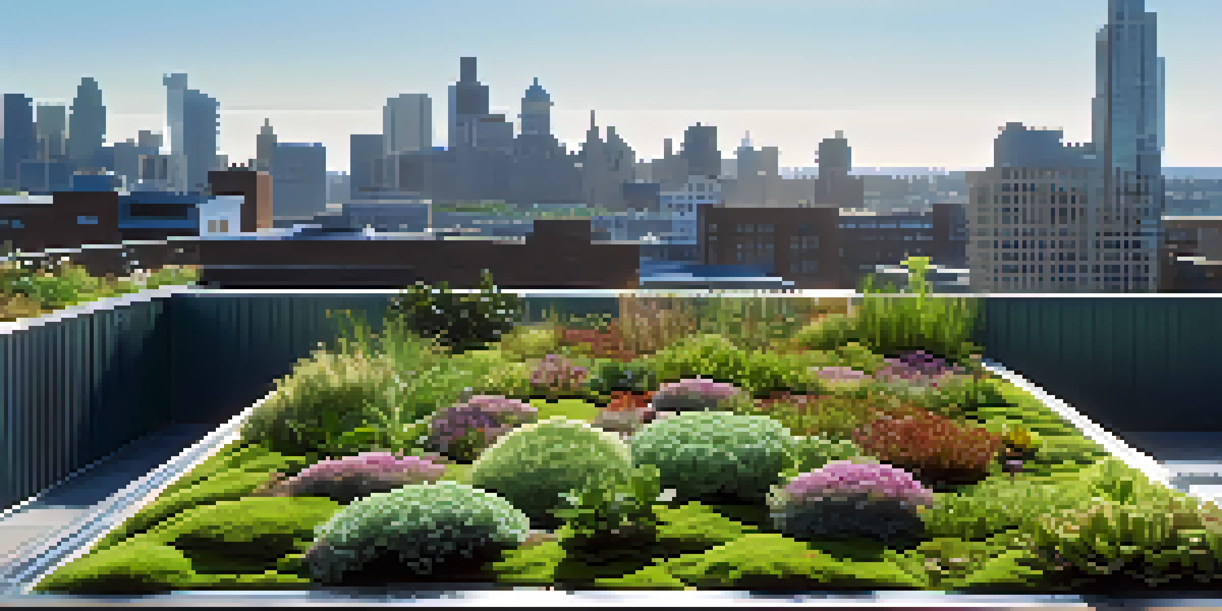 A lush green roof garden on a contemporary building, showcasing various plants under bright sunlight with a city skyline in the background.