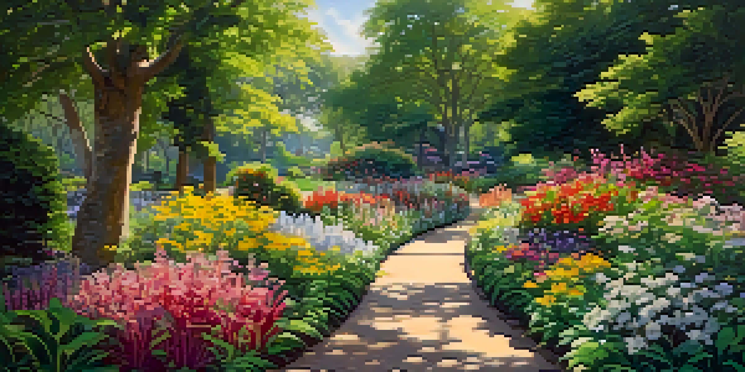 A lively botanical garden filled with various colorful flowers and greenery, with a path and visitors enjoying the scenery.