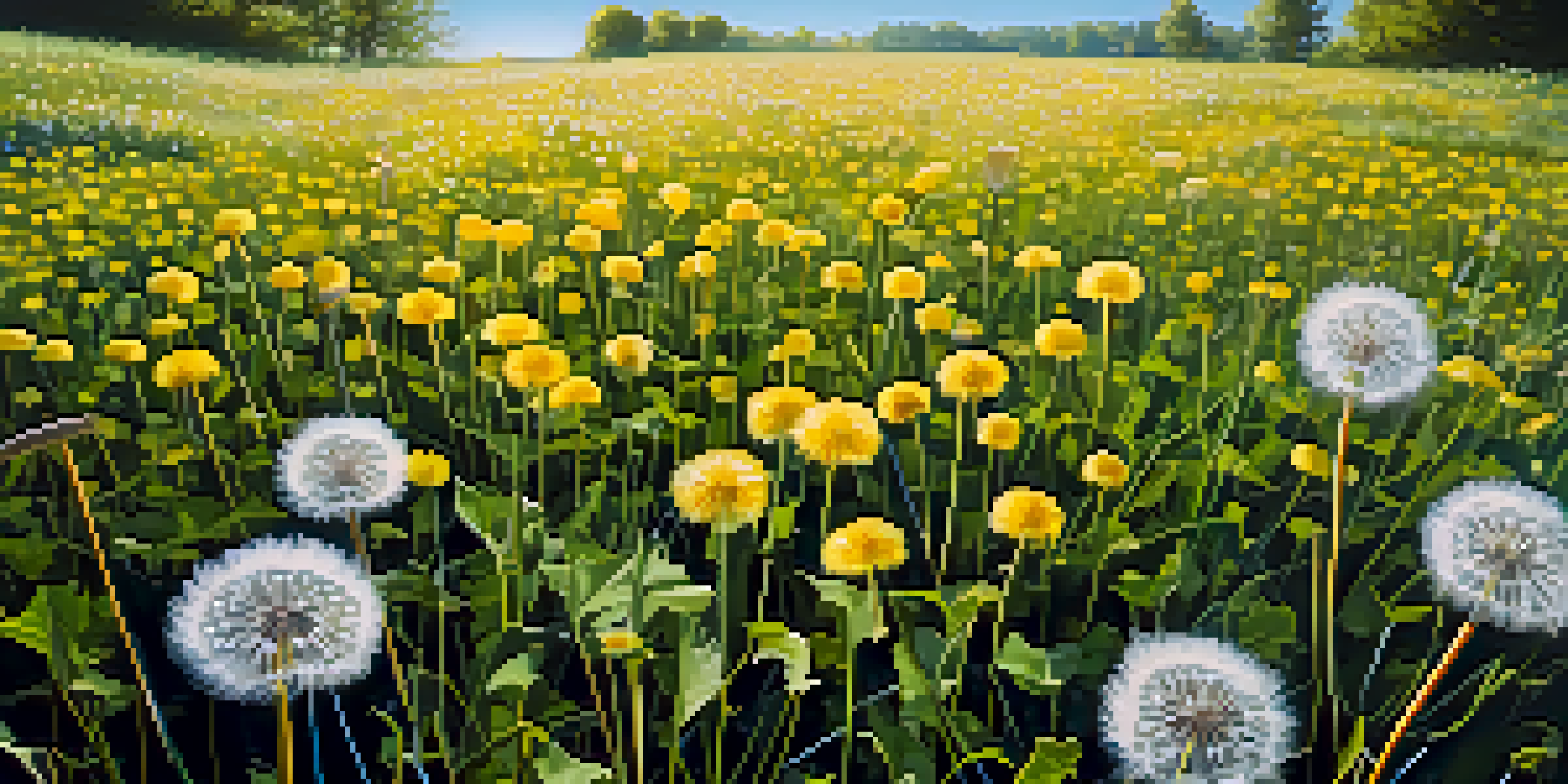 A colorful meadow filled with bright yellow dandelion flowers and a few white seed heads under a blue sky, with sunlight filtering through green leaves.