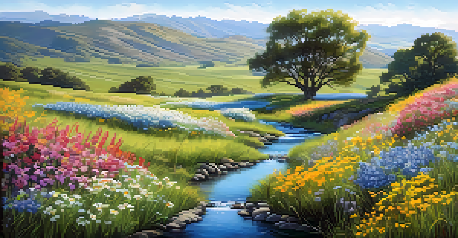 A peaceful meadow filled with blooming native wildflowers, rolling hills in the background, and a stream reflecting the colorful flowers.