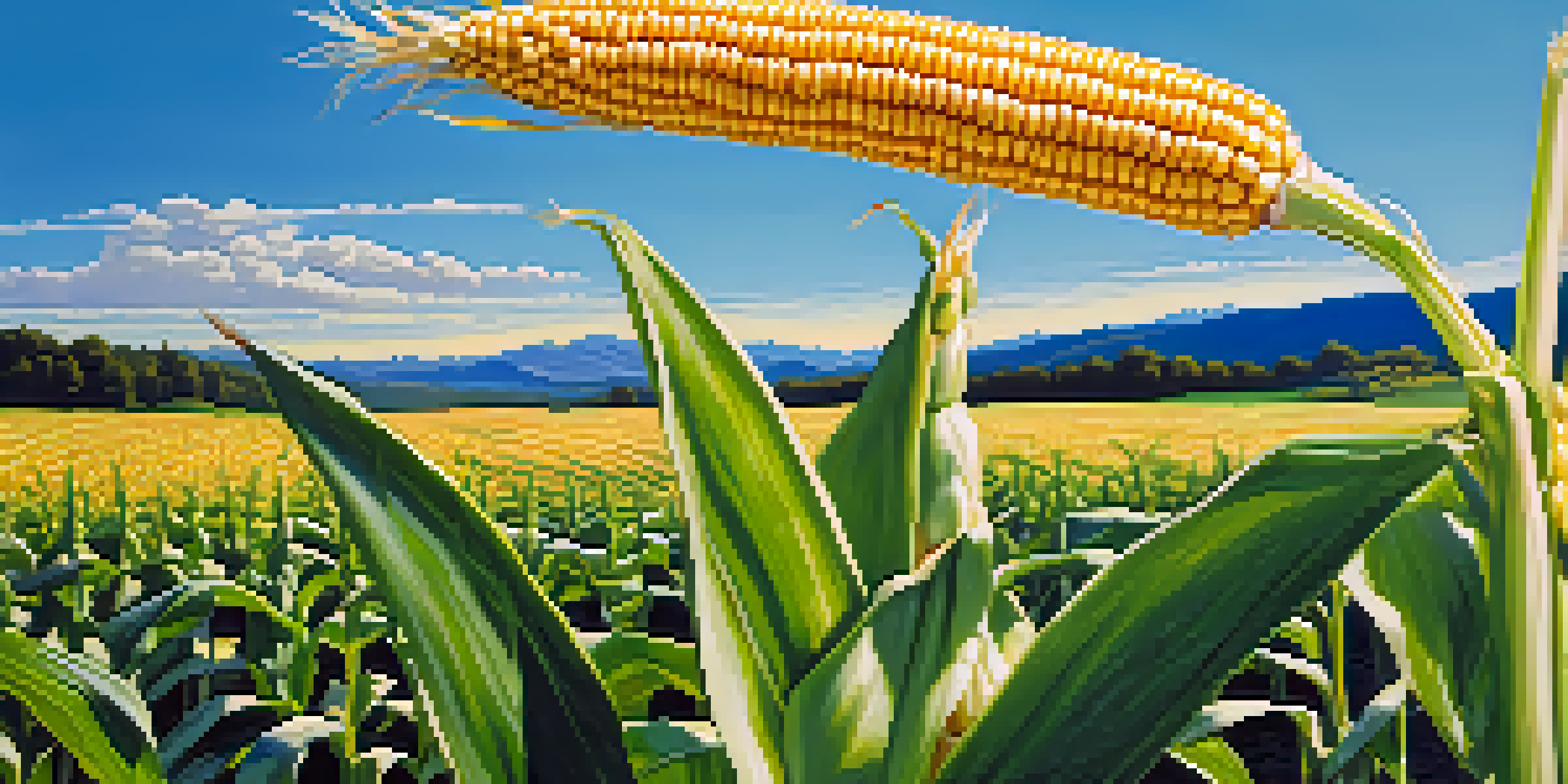 A close-up of a genetically modified corn plant with bright yellow ears in a green field under a blue sky.
