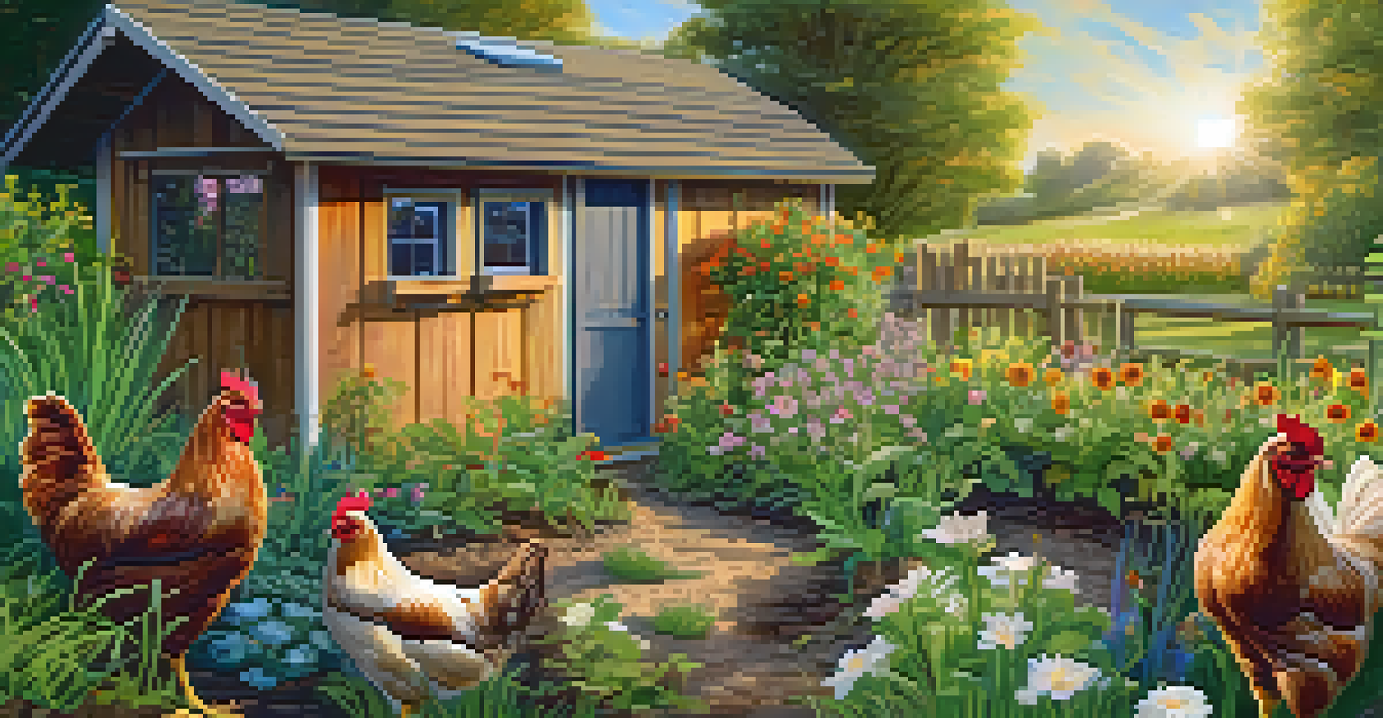 A sustainable chicken coop in a permaculture setting, surrounded by flowers and sunlight, with chickens entering and exiting.
