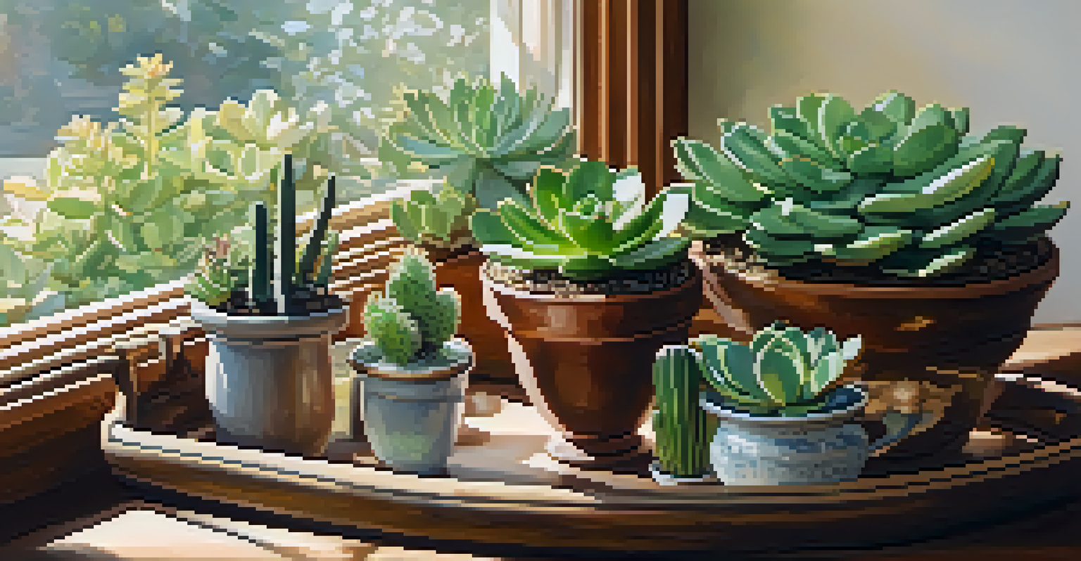 A cozy kitchen counter with a decorative tray displaying small succulent plants, enhanced by natural light from a window.