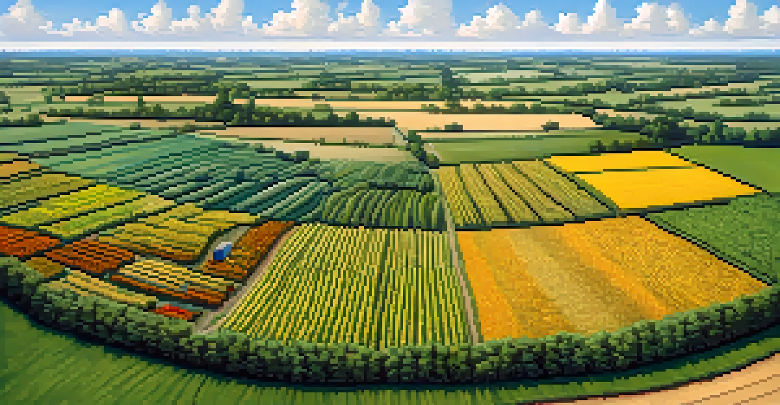 Aerial view of a mixed-crop field with different crops, bordered by green hedgerows under a clear blue sky.