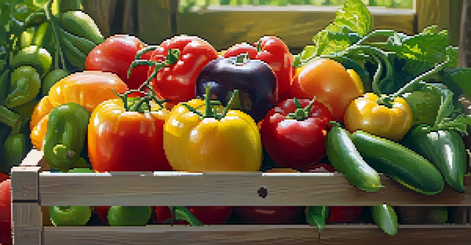 A close-up of a wooden crate filled with freshly harvested organic fruits and vegetables, illuminated by sunlight.