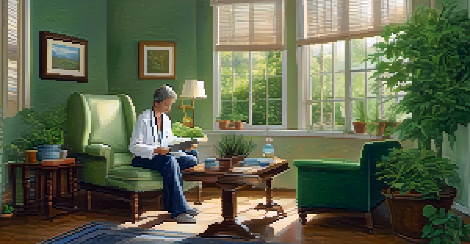 A homeopathic consultation scene featuring a practitioner and a patient in a calming environment with plants and herbal remedies.