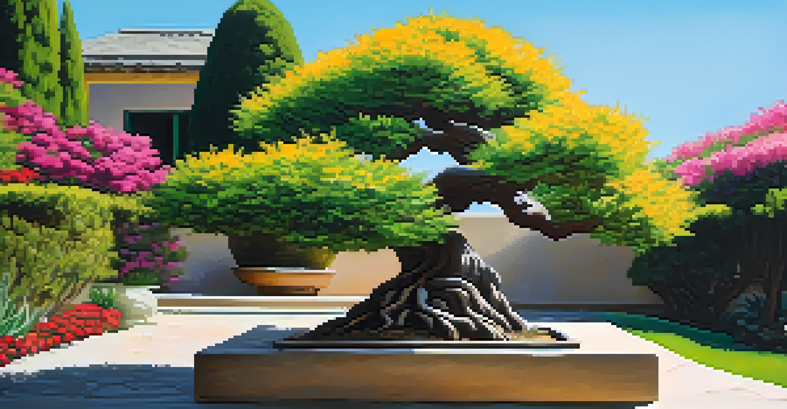 A bonsai tree on a stone pedestal in a vibrant garden, surrounded by flowers and greenery, with sunlight filtering through the leaves.