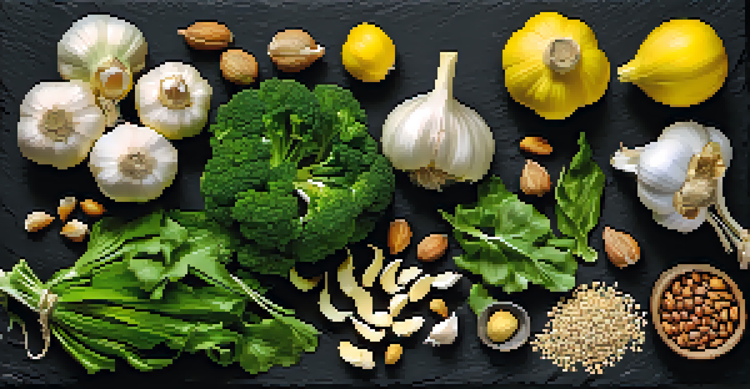 A flat lay of sulfur-rich foods including garlic, leafy greens, nuts, and legumes on a dark slate background.