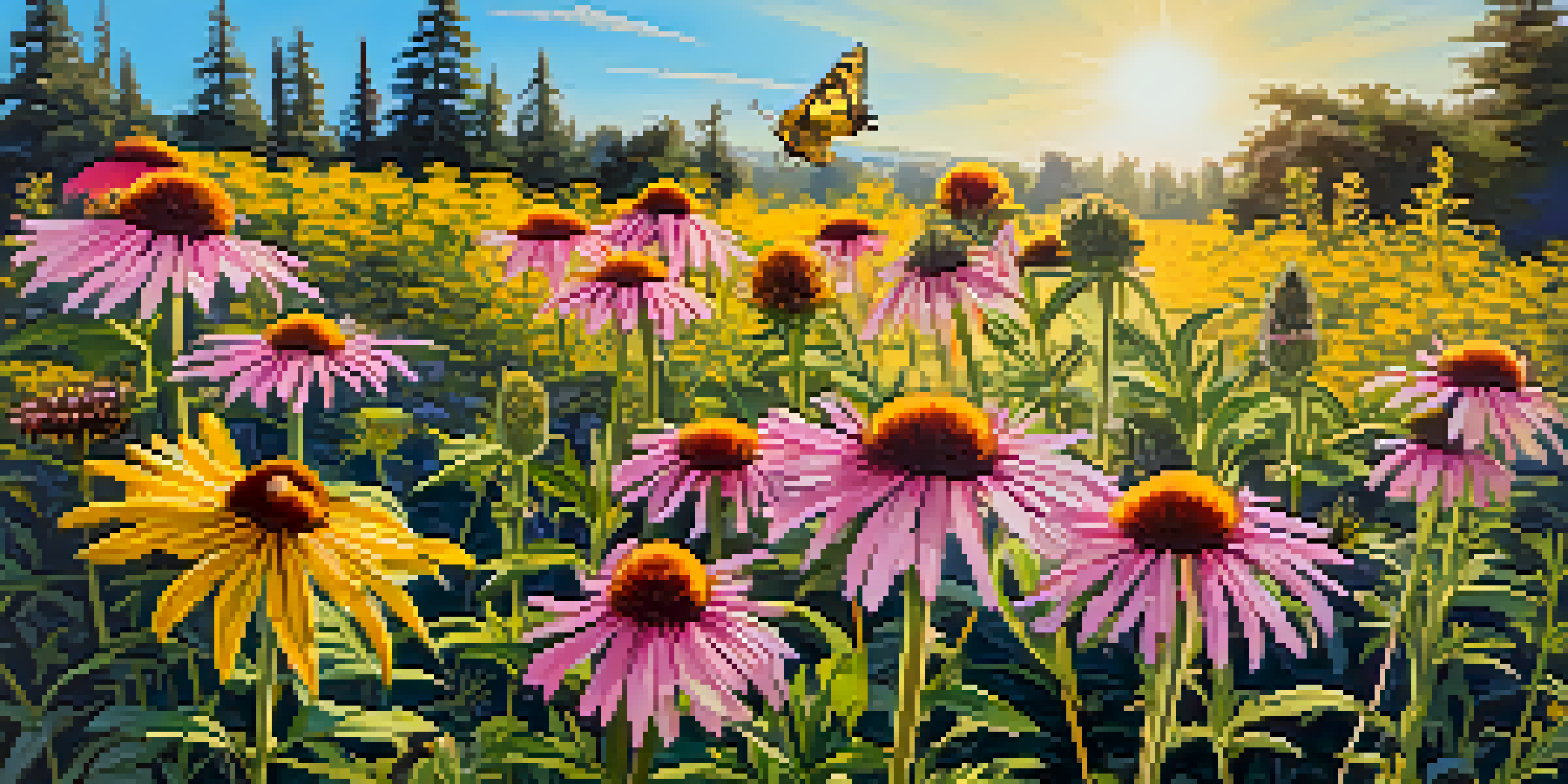 A colorful garden with native plants, including pink coneflowers and yellow goldenrod, with bees and butterflies among the blooms under a blue sky.