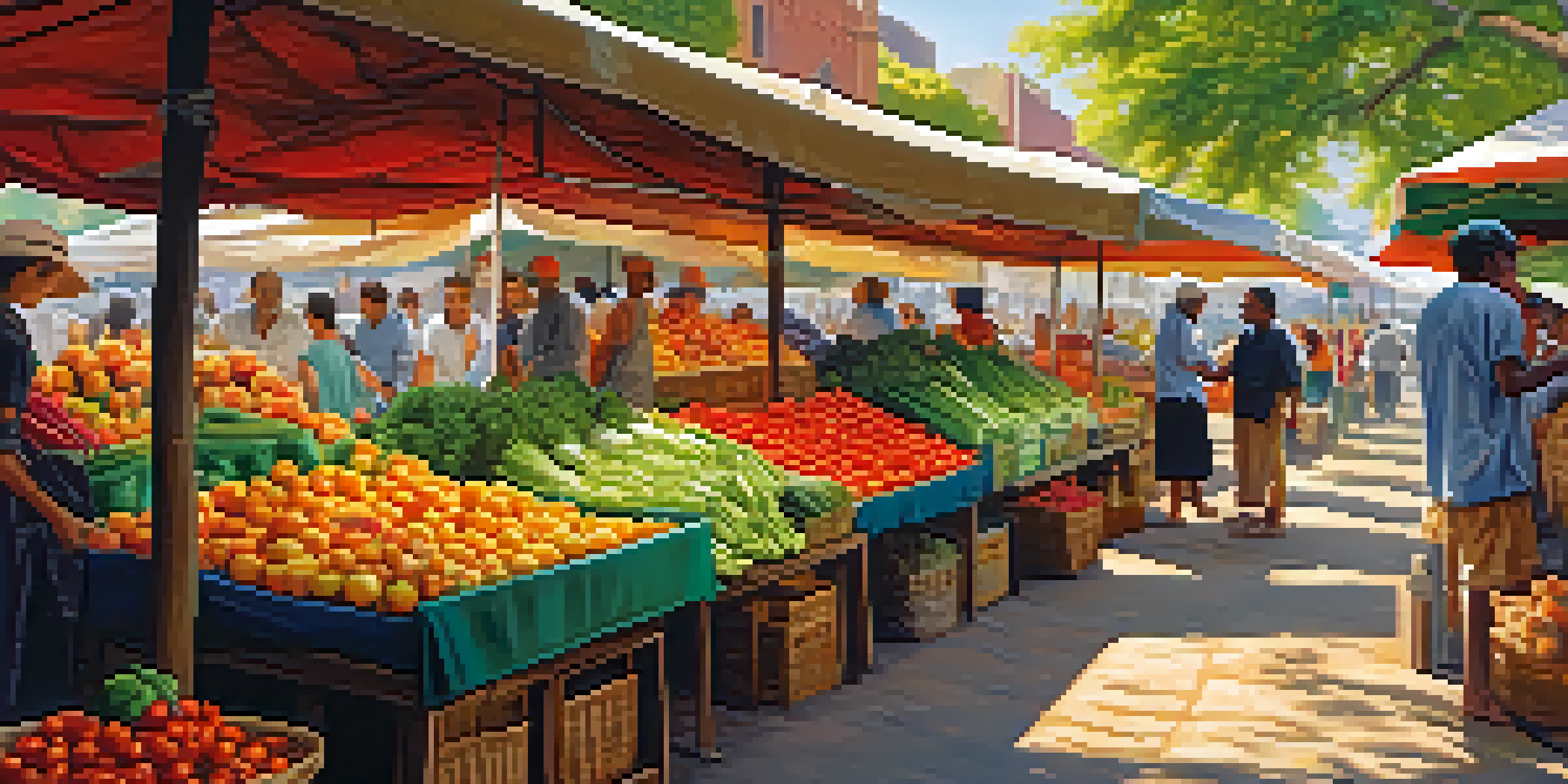 A lively marketplace with diverse fresh fruits and vegetables, local farmers selling their produce under colorful canopies, and sunlight filtering through trees.