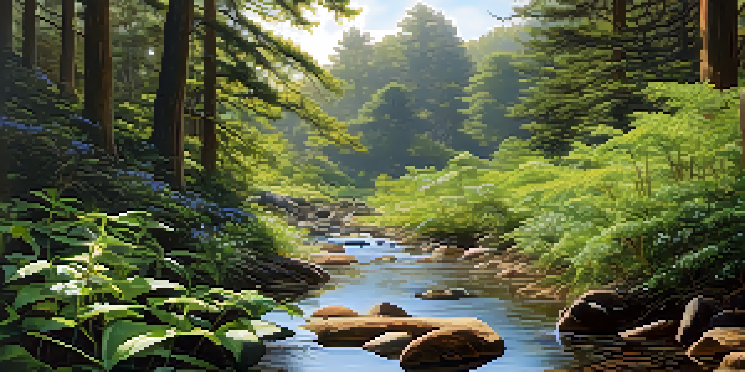 A peaceful forest with indigenous plants and a stream, illuminated by dappled sunlight.