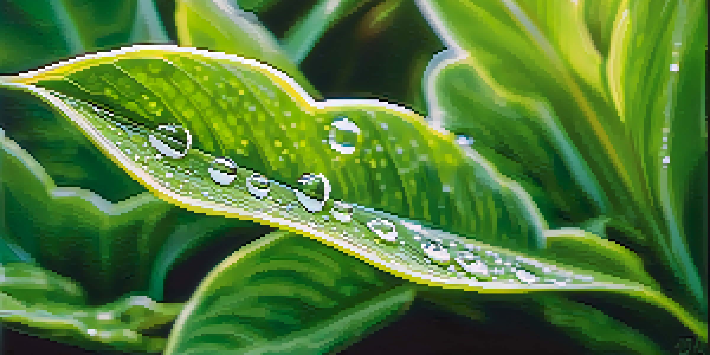 A close-up view of a green plant with dew drops on its leaves, illuminated by morning sunlight, with a blurred background.