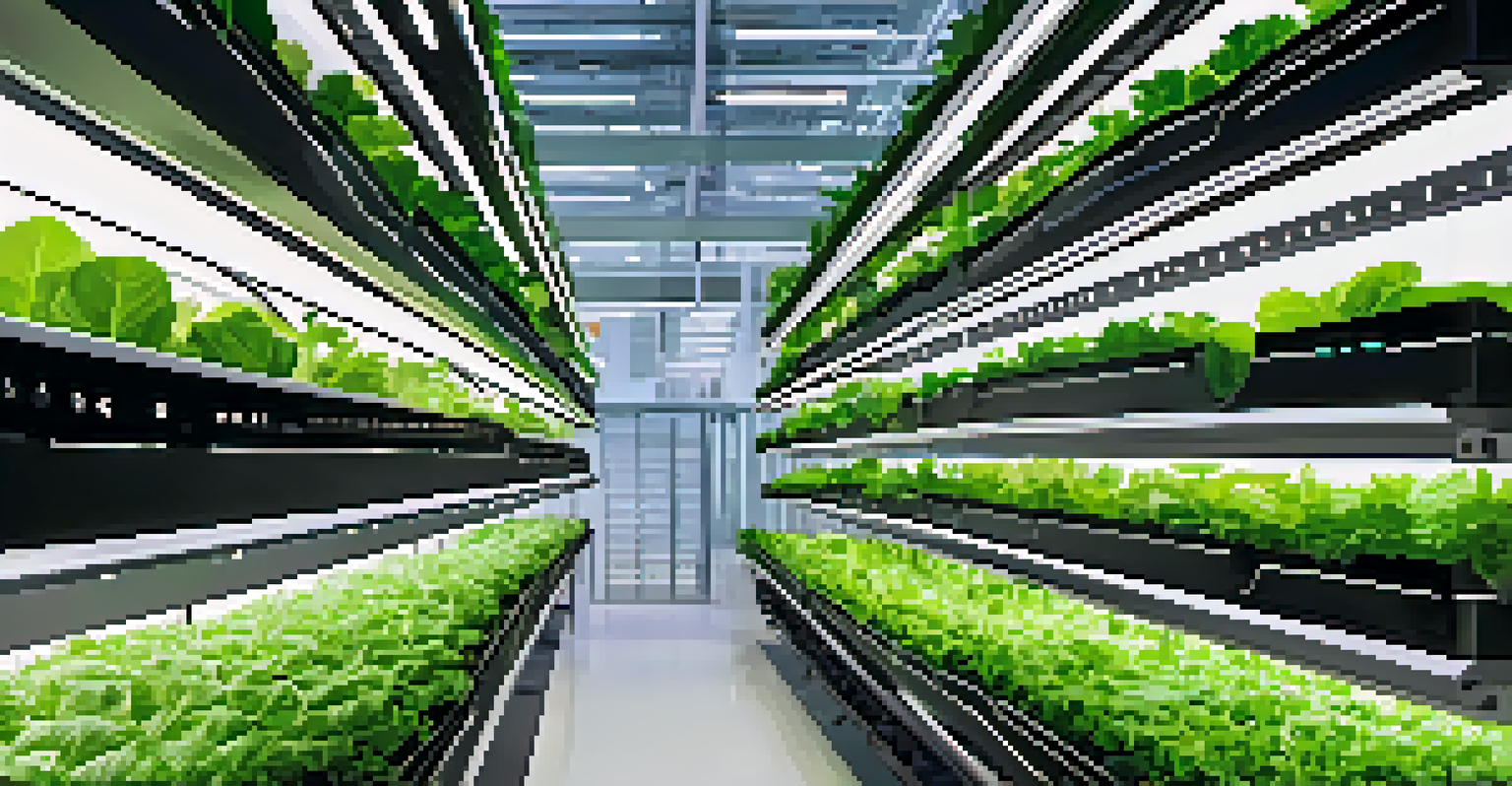 An indoor vertical farm with rows of leafy greens under bright LED lights, showcasing technology and sustainability.