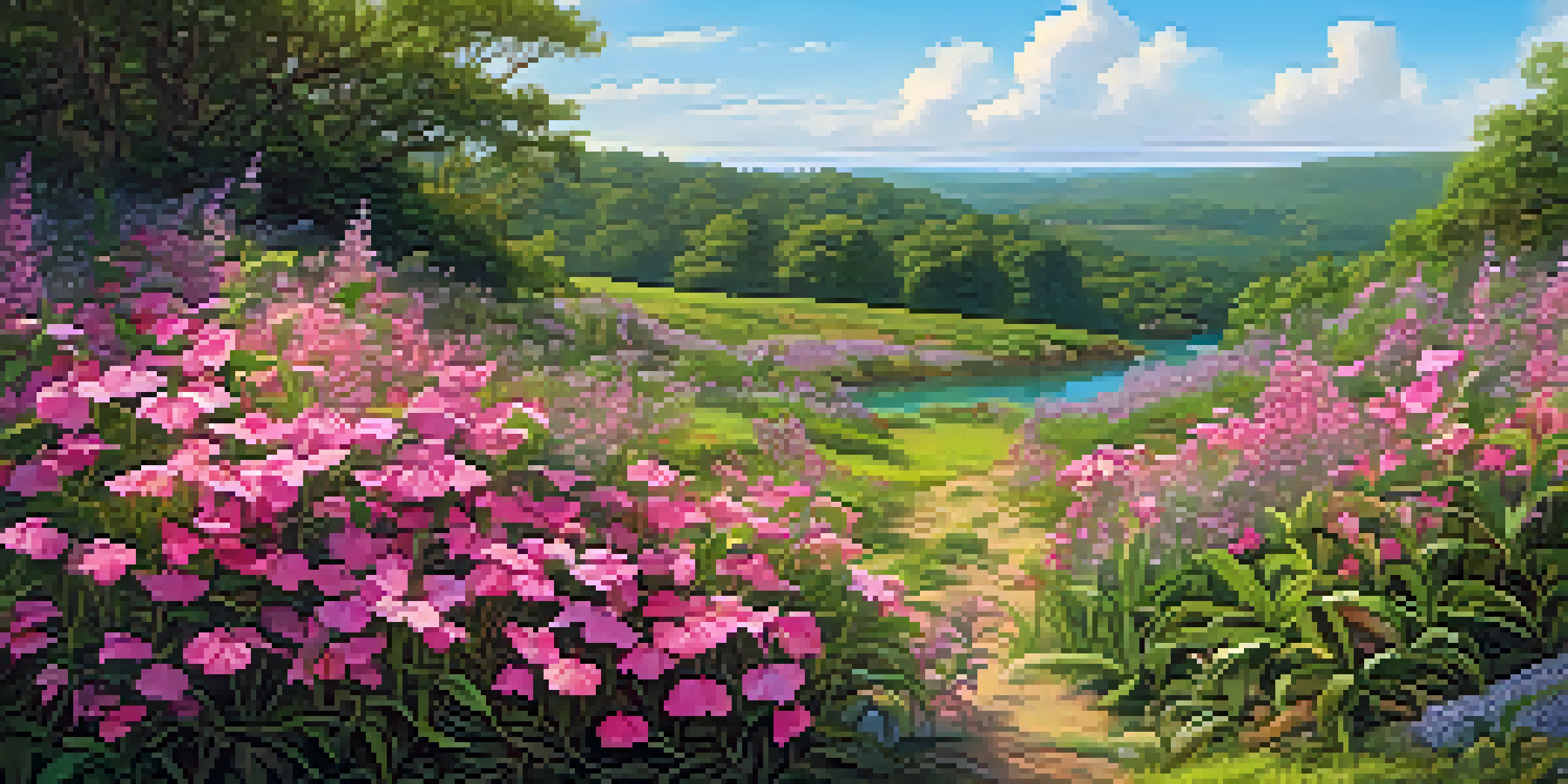 A colorful landscape filled with endangered plants, including rosy periwinkles, under a bright blue sky.