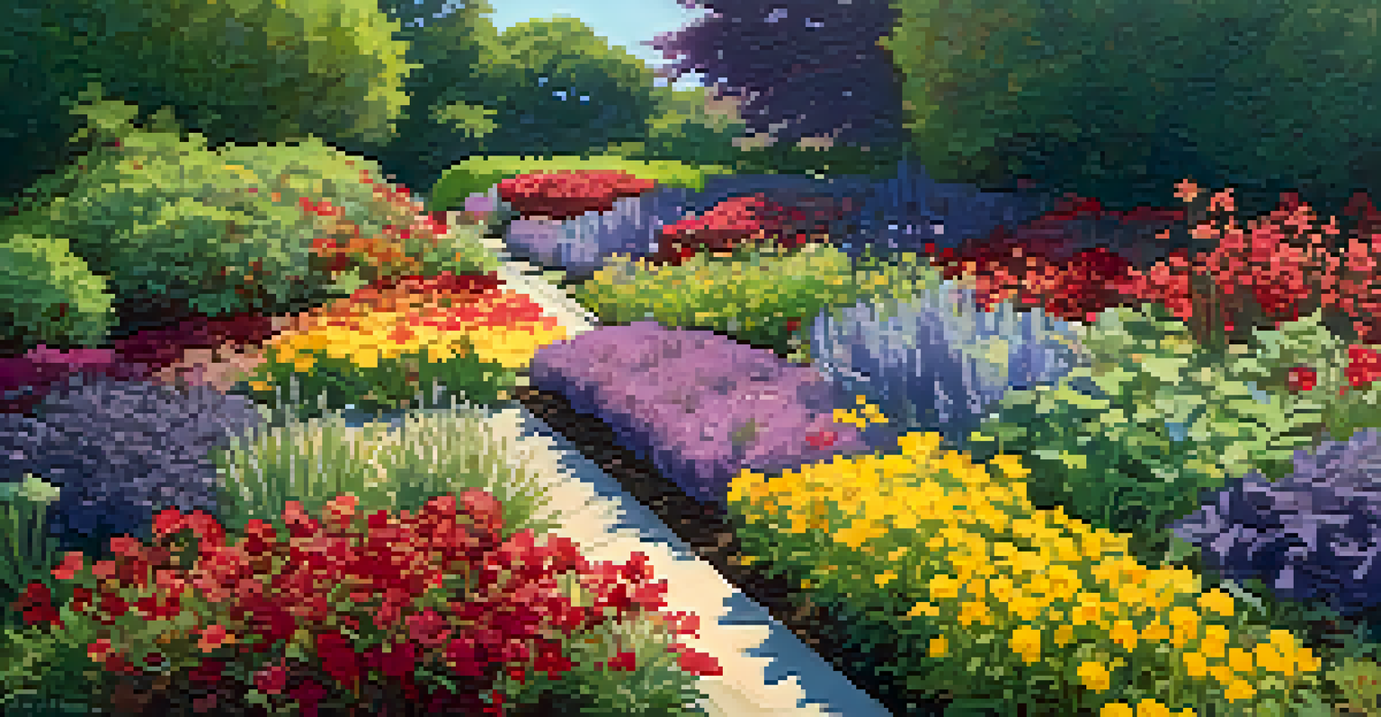 An overhead view of a colorful garden bed with different flowering plants and sunlight casting shadows.