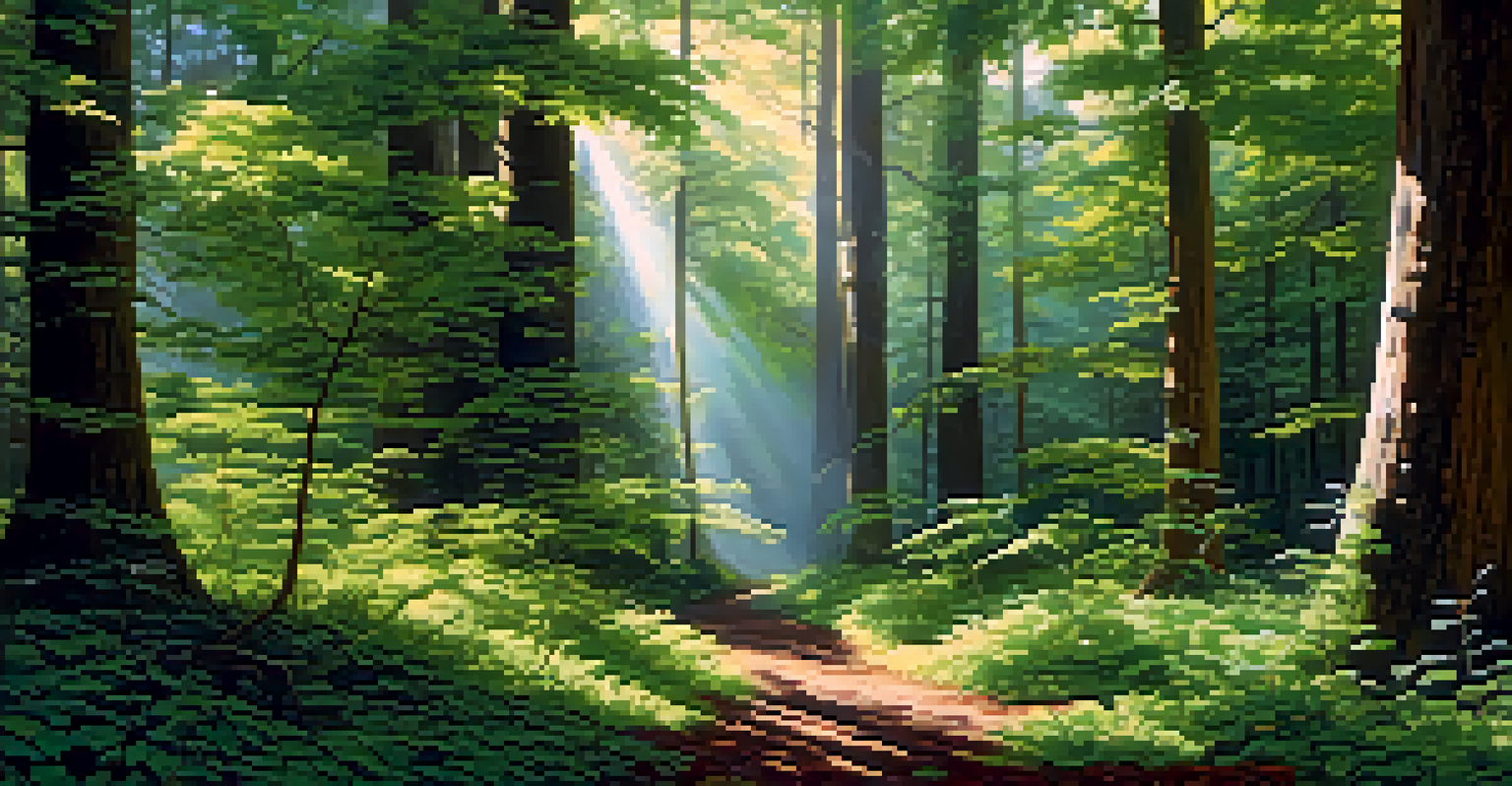A tranquil forest with native trees, sunlight filtering through leaves, and small animals among the branches.