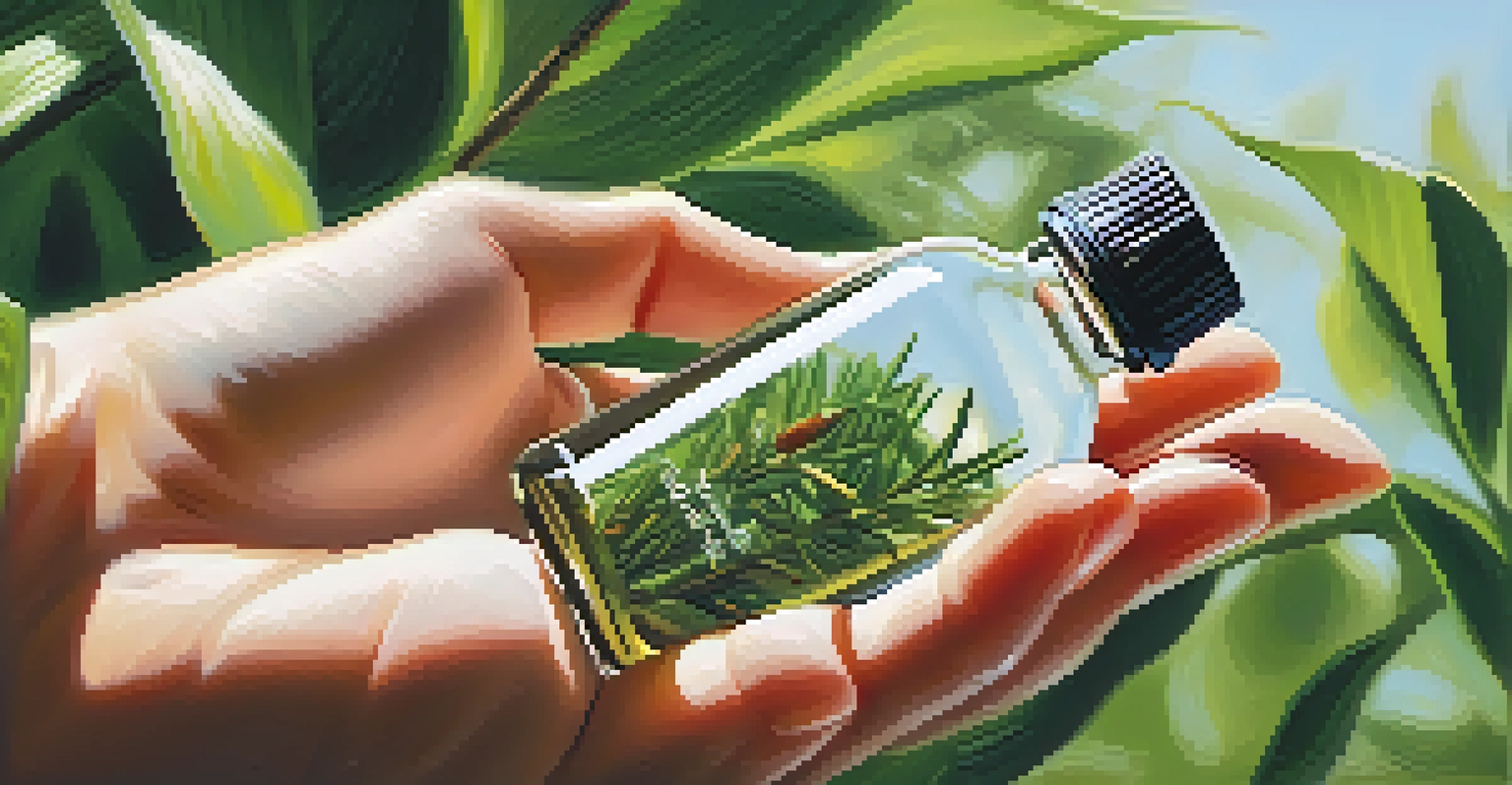 A close-up of a hand holding tea tree oil with tea tree leaves in the background.
