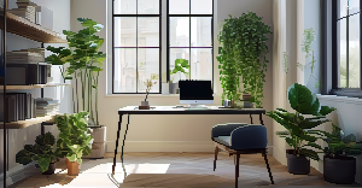 A serene home office with a desk plant and a large rubber plant, illuminated by natural light.