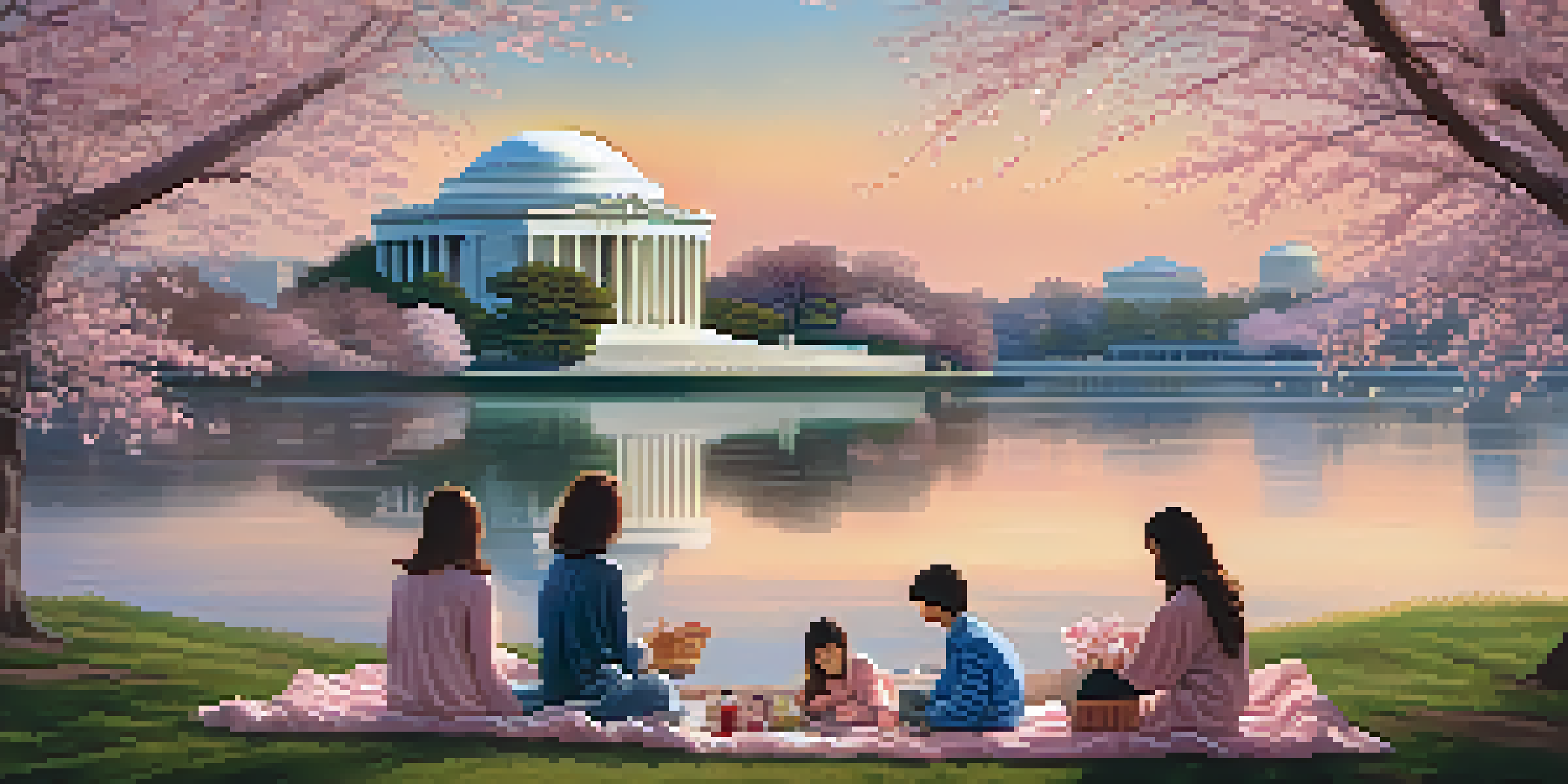 Cherry blossoms in bloom surrounding the Jefferson Memorial in Washington, D.C., with a picnic scene in the foreground.
