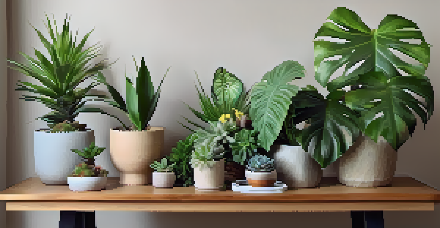 An artistic arrangement of indoor plants on a wooden table, showcasing a mix of textures and vibrant colors.