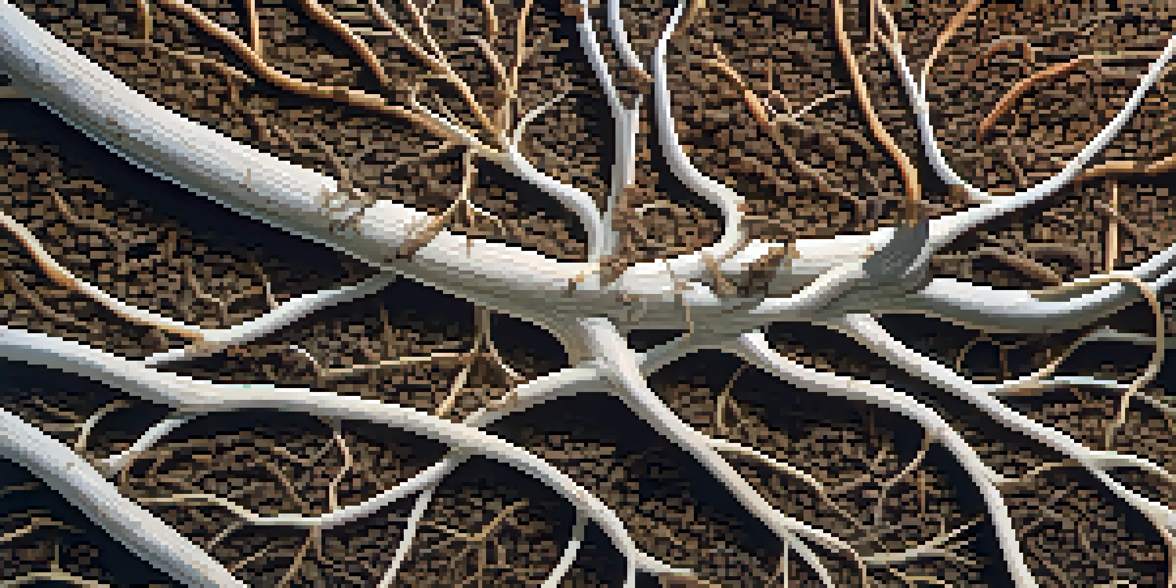 A close-up of a plant root system with mycorrhizal fungi, showing white fungal threads in brown soil.