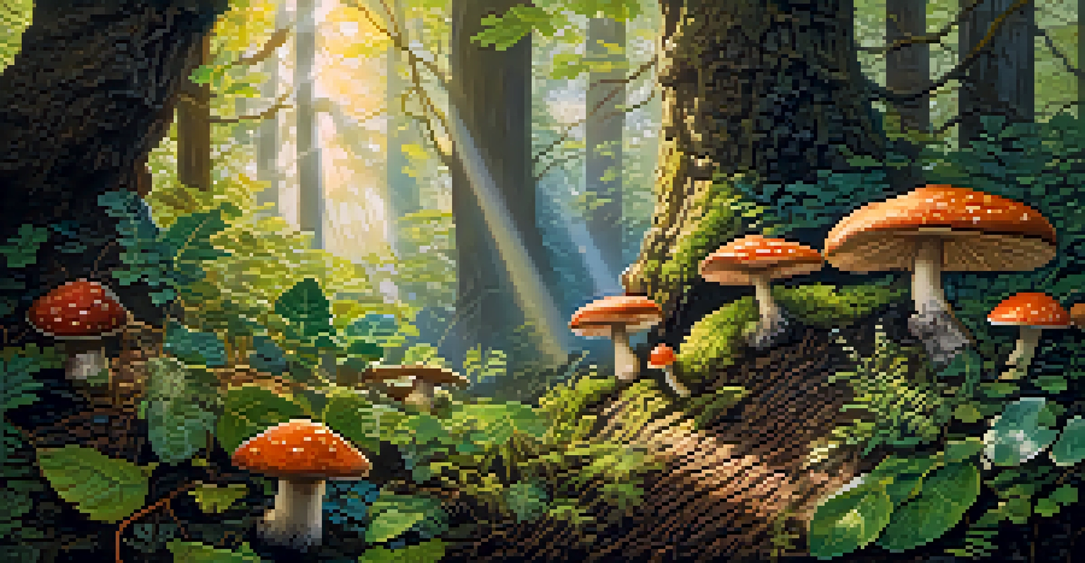Close-up of a vibrant forest ecosystem with plants, mushrooms, and insects in soft sunlight.