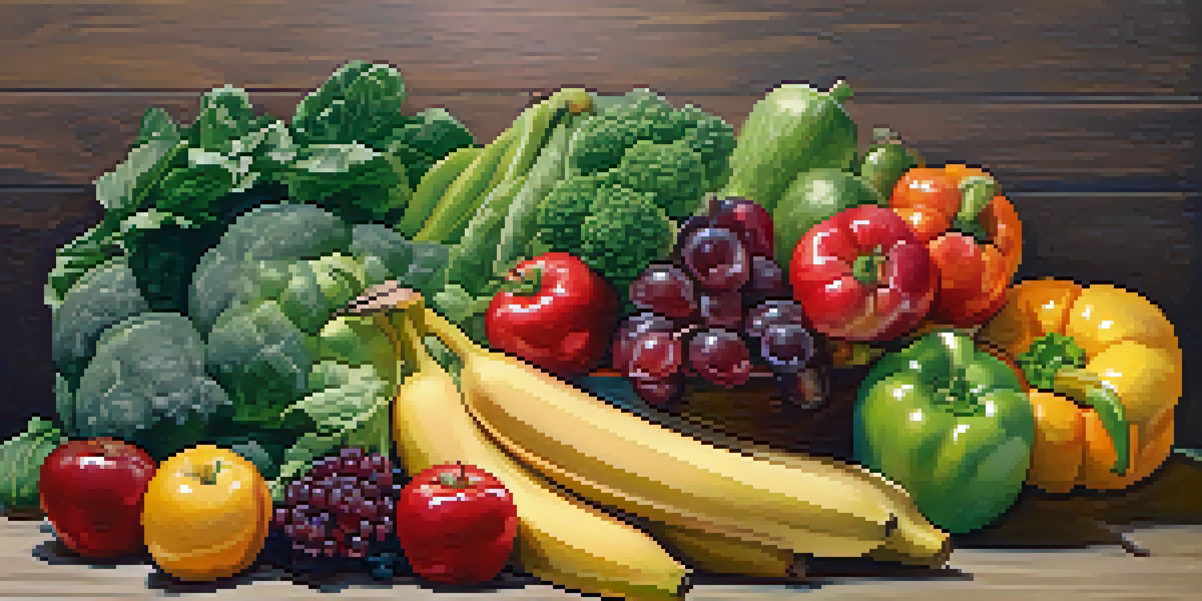 A colorful assortment of fresh fruits and vegetables on a wooden table, illuminated by soft natural light.
