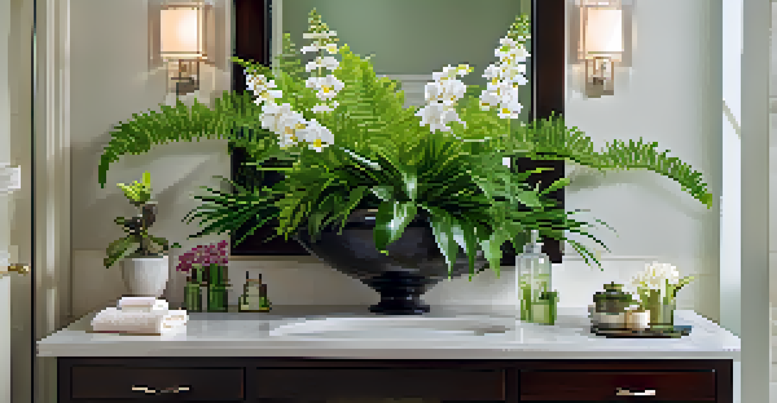 An elegant arrangement of ferns and orchids in a bathroom, showcasing their vibrant colors and water droplets.