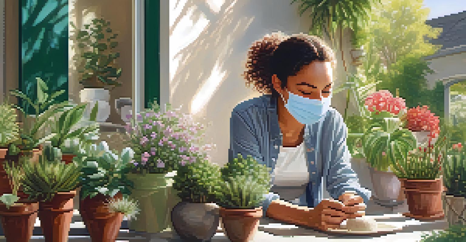 A woman applying a natural face mask outdoors on a sunny patio, surrounded by potted plants and flowers.