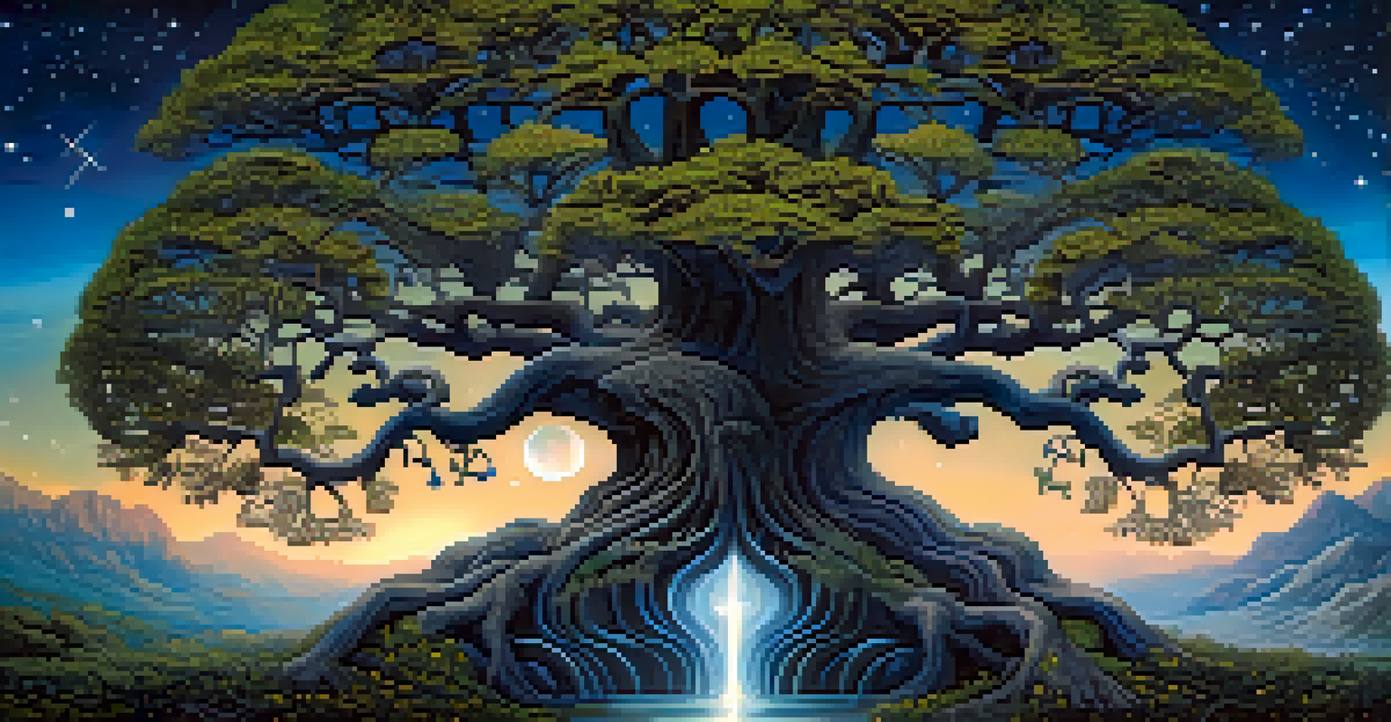The mythical Yggdrasil tree stretching across a starry night sky, surrounded by mystical symbols.