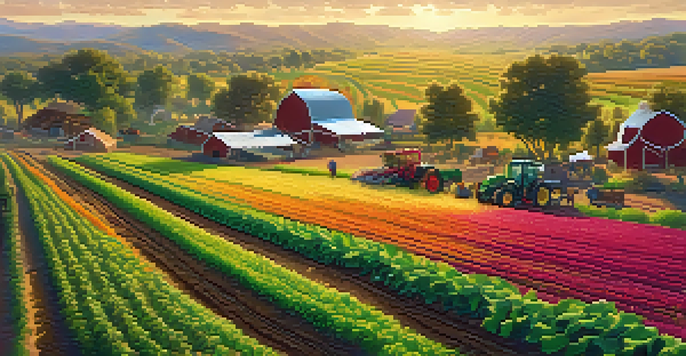 A colorful farm with various crops like quinoa and amaranth under warm sunlight, with farmers working together.