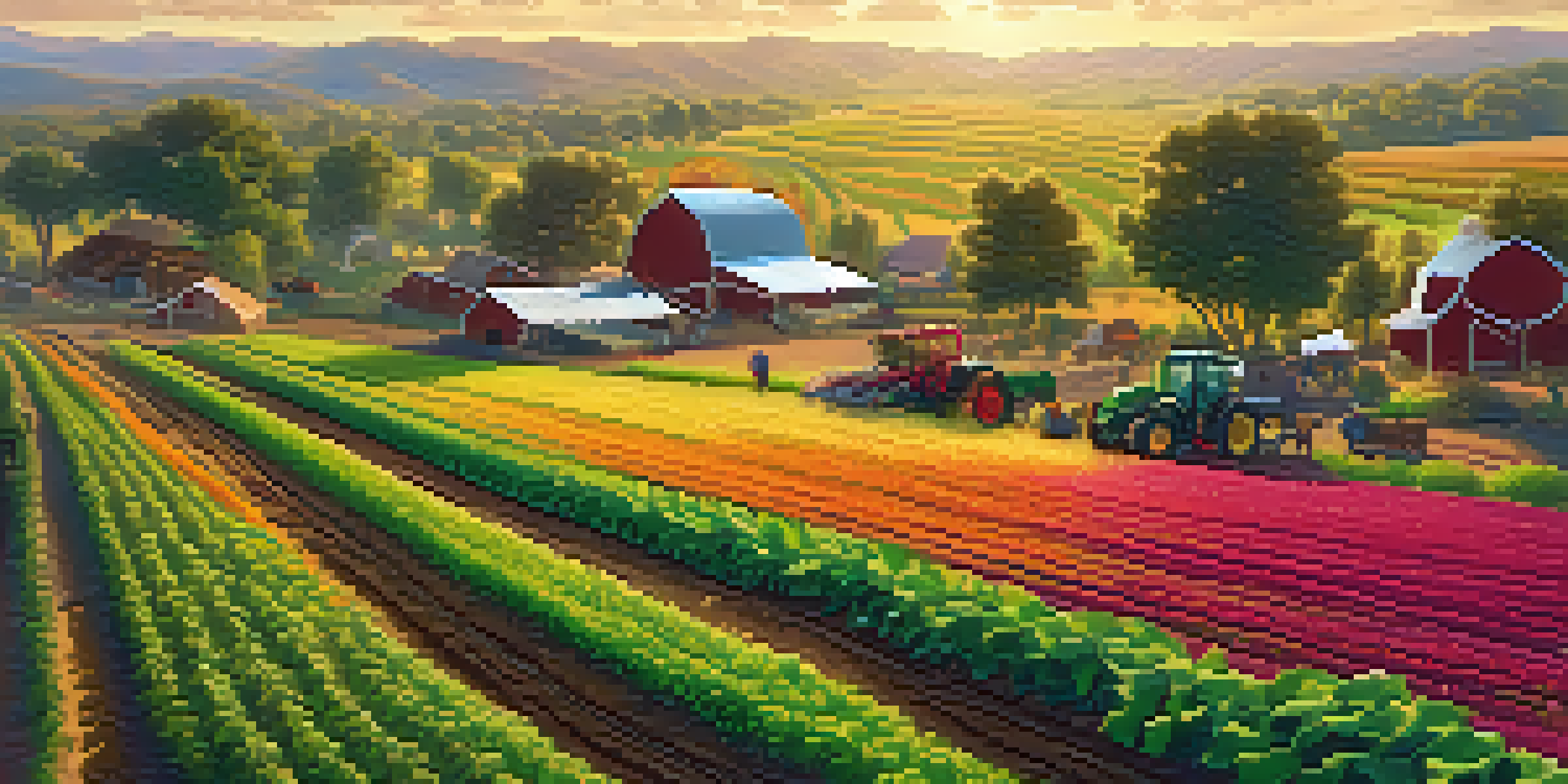 A colorful farm with various crops like quinoa and amaranth under warm sunlight, with farmers working together.