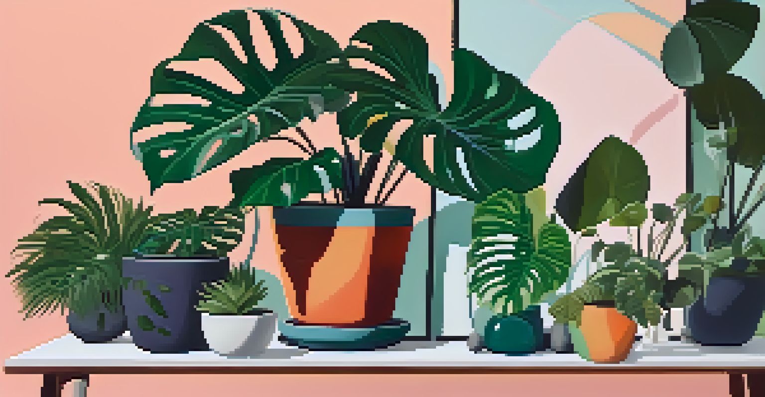 A visually appealing grouping of various indoor plants set against a vibrant painting with decorative stones.