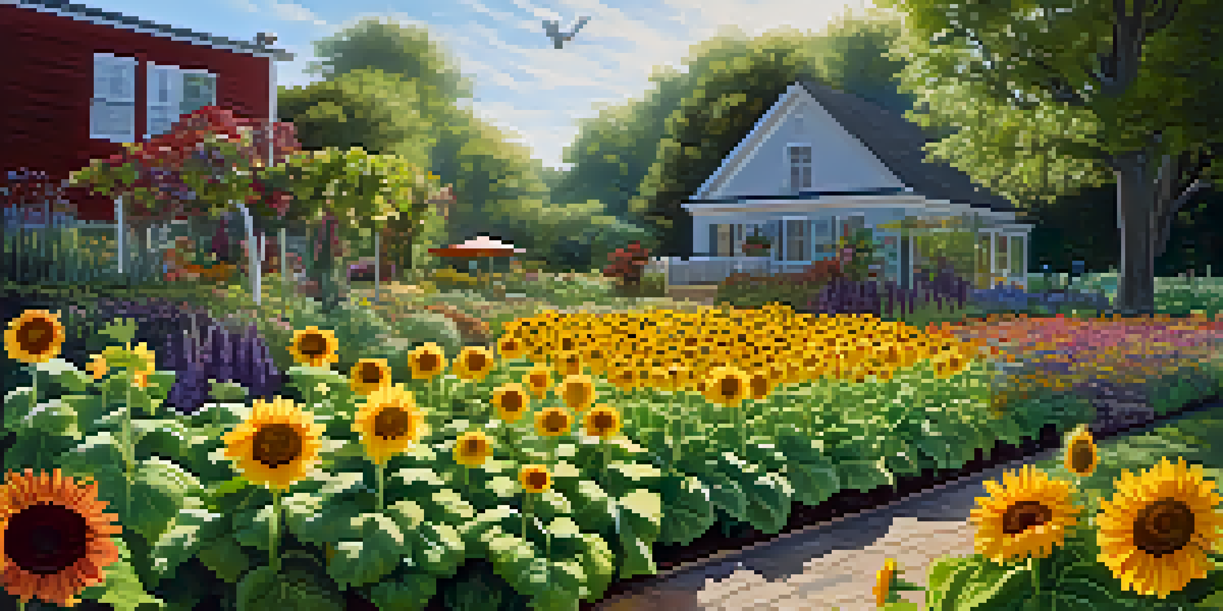 A garden with tall sunflowers providing shade to lettuce plants, with colorful marigolds and butterflies around.