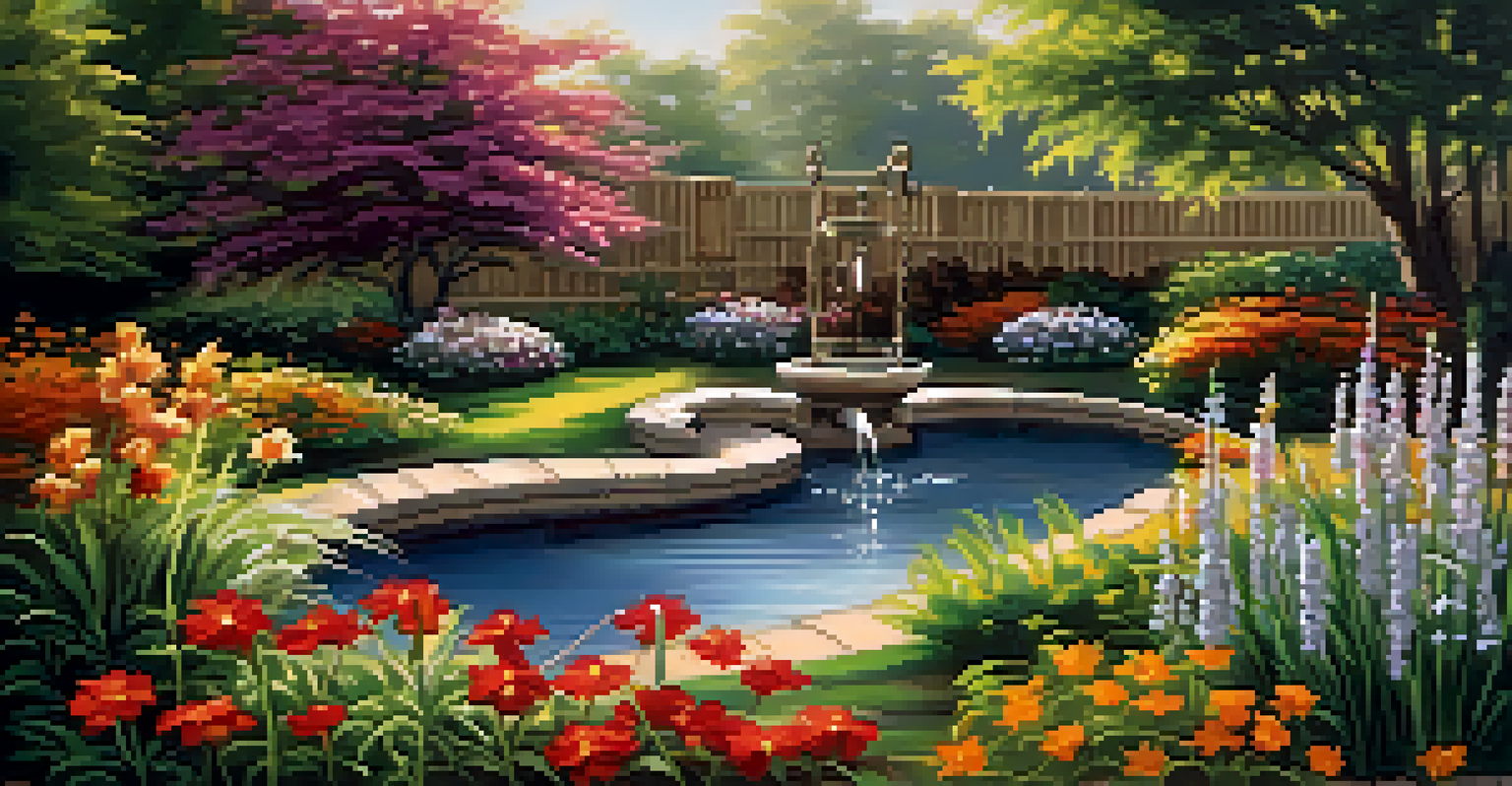 A peaceful sensory garden with a fountain and wind chimes, surrounded by colorful flowers and grasses.