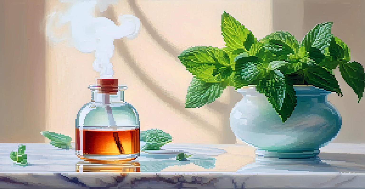 A diffuser emitting steam infused with peppermint oil, on a marble countertop, surrounded by scattered mint leaves in a serene setting.