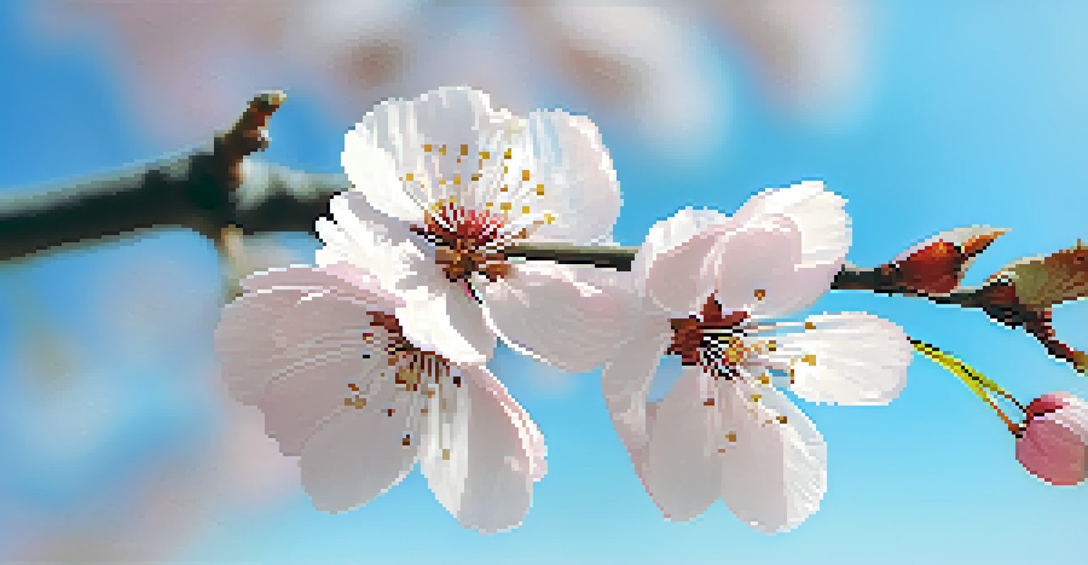 A close-up of cherry blossoms with delicate pink petals against a clear blue sky, highlighting their beauty.