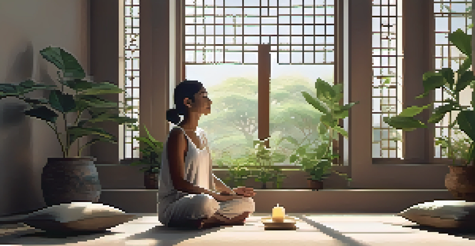 A person meditating in a peaceful indoor space filled with ashwagandha plants and soft lighting.