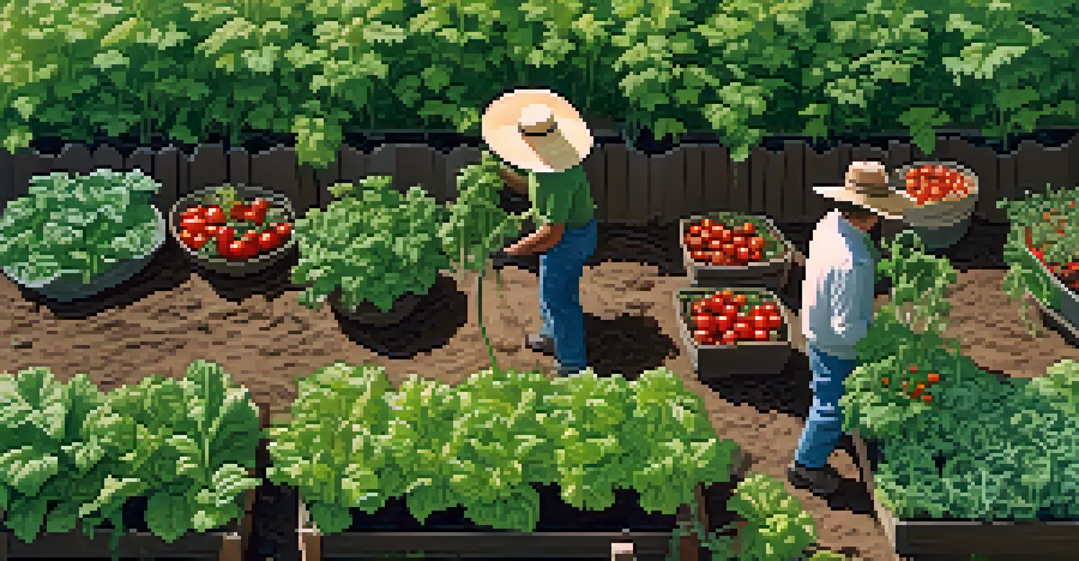 An overhead view of a vegetable garden with various crops, dark rich soil, and a gardener wearing a straw hat tending to the plants.