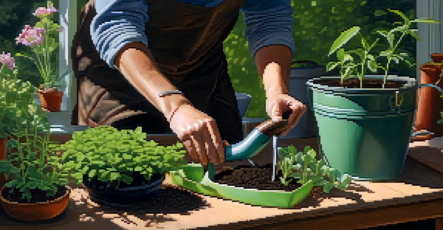 A gardener transplanting a rooted stem cutting into a larger pot, surrounded by gardening tools, with bright indirect light and a garden background.