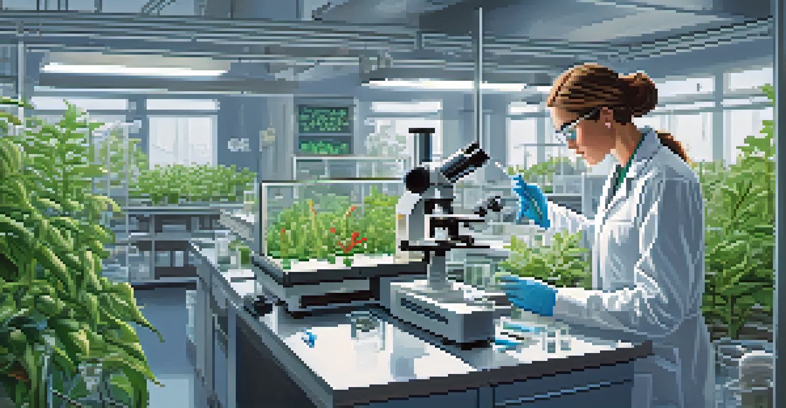 A scientist in a laboratory examining plant samples under a microscope, with test tubes and genetic tools in a bright and organized environment.