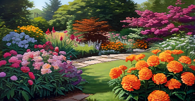 A colorful garden filled with marigolds, zinnias, peonies, and daylilies, illuminated by soft sunlight with gentle shadows on the soil.